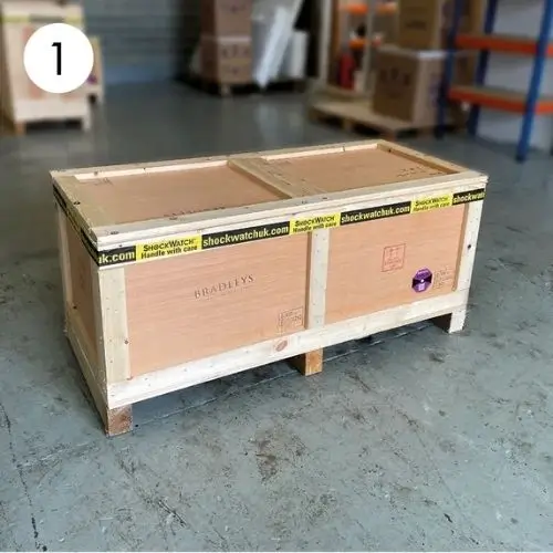 Step 1: Crate delivered with Bradleys branding and no visible exterior damage.