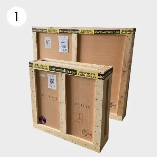 Step 1: Crate delivered with Bradleys branding and no visible exterior damage.